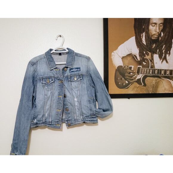 Upcycled Rolling Stones Denim Jacket American Eagle Custom Band Patch Rock SZ XL - Picture 1 of 9